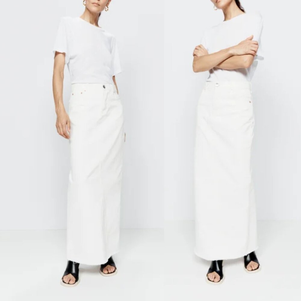 NWT RAEY Paneled Denim Pencil Maxi Skirt In White Organic Cotton Split Raw Hem